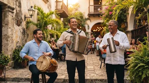 Ensamble de Perico Ripiao tocando en un patio colonial